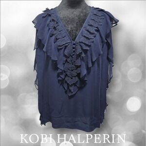 Kobi Halperin‎ Briley Silk Ruffle Lace Blouse Womens Navy Blue KF7B16-17 Medium